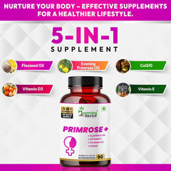Humming Herbs Primrose+ with Evening Primrose, Flaxseed, Vitamin E, D3 & CoQ10, 90 Capsules