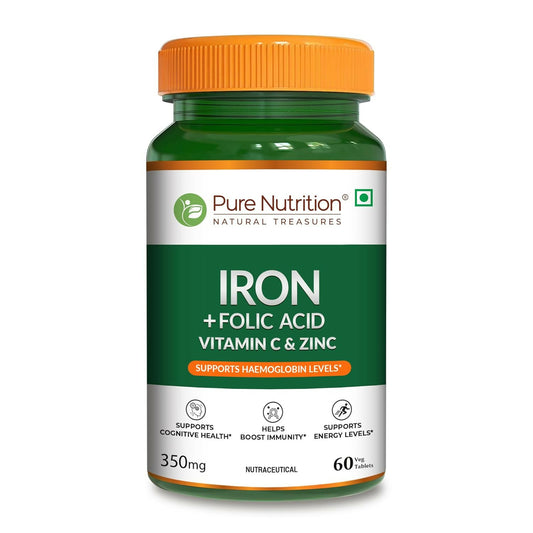 Pure Nutrition Iron Folic Acid Supplement - 60 Veg Tablets with Zinc, Vitamin C & Vitamin B12 for Men & Women | Supports Haemoglobin Production, Boosts Immunity & Maintains Iron Level