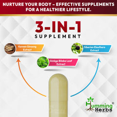 Humming Herbs Red Korean Ginseng with Ginkgo Biloba Leaf, Siberian Ginseng, Supports Energy, Concentration, Immune system and Improves Mental Clarity