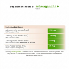 Vedistry® Ashwagandha+ Tablets | Standardized Ashwagandha Extract Enriched with Pippali | Relieves Stress & Boosts Immunity | 60 Tablets