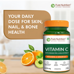 Pure Nutrition Plant-Based Vitamin C (1250mg) - 120 Veg Tablets with Amla & Orange Peel Extract | Boosts Immunity & Skin Glow | Natural Antioxidant for Men & Women | Supports Collagen Formation