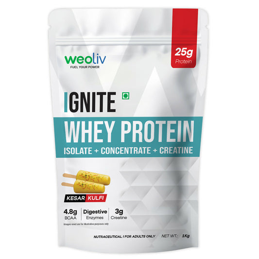 Weoliv Ignite Whey Protein Powder | Isolate + Concentrate + Creatine | Kesar Kulfi | 25g Protein & 3g Creatine | 1Kg