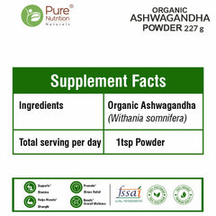 Pure Nutrition Organic Ashwagandha Root Powder, 227g | Supports Stress Management, Sleep, Fertility, Immunity, Vitality & Strength | Amukkara Kizhangu Choornam | USDA Organic Certified