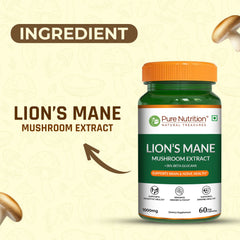 Pure Nutrition Lion s Mane Mushroom Extract 1000mg 60 Veg Capsules | >38% Beta Glucans | Supports Brain & Nerve Health | Memory, Focus, Immune & Digestive Support