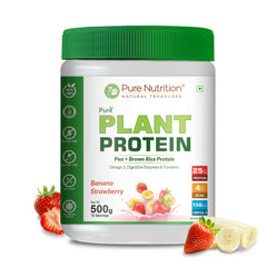 Pure Nutrition Plant Protein Powder for Men,Women -Banana & Strawberry (500g) ,With Pea & Brown Rice Protein with Omega3,Digestive Enzymes & Turmeric|Plant-based,Vegan