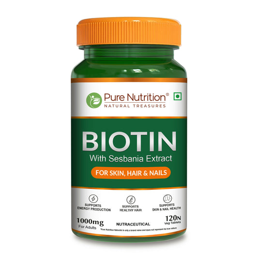 Pure Nutrition Biotin 120 Vegetarian Tablets with Sesbania, Bamboo Shoot, Moringa & Amla Promotes Hair Growth, Glowing Skin, Strong Nails & Overall Wellness for Men & Women