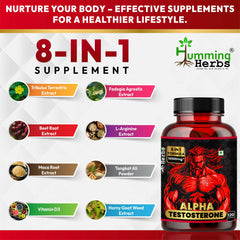 Humming Herbs Alpha Testosterone Supplement – Tribulus, Fadogia Agrestis, Epimedium (Horny Goat Weed), L‑Arginine, Beet Root, Tongkat Ali, Maca & Vitamin D3 – 120 Vegan Capsules (60 Servings)