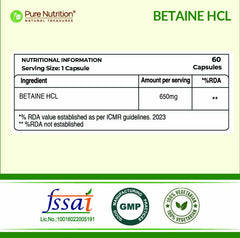 Pure Nutrition Betaine HCL 650mg (60 Capsules) Supports Digestive Health, Stomach Acid Balance & Nutrient Absorption, Helps Relieve Gas, Heartburn & Acidity
