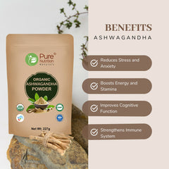 Pure Nutrition Organic Ashwagandha Root Powder, 227g | Supports Stress Management, Sleep, Fertility, Immunity, Vitality & Strength | Amukkara Kizhangu Choornam | USDA Organic Certified