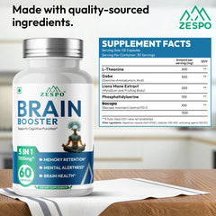 ZESPO Brain Booster 1100mg with L-Theanine, GABA, Lion's Mane & Bacopa - 60 Capsules