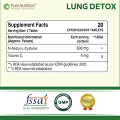 Pure Nutrition Lung Detox 20 Effervescent Tablets (Lemon Flavor) With N-Acetylcysteine 600 Mg And Vitamin C |Removes Tar & Support Respiratory Health