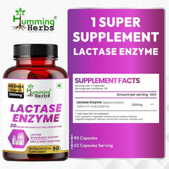 Humming Herbs Lactase Enzyme 90 Vegan Capsules, 45-Day Pack 1000mg Per Serving