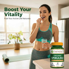 Pure Nutrition Organic Spirulina 2400mg (Per Serving), 180 Veg Tablets | Spirulina Powder Organic Tablets | Supports Healthy Skin & Boost Immunity | Support Weight Management & Detoxification