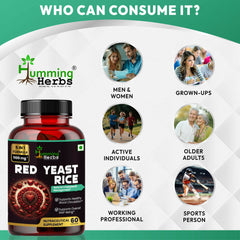 Humming Herbs Red Yeast Rice 500mg Capsules - Natural Cholesterol Support with CoQ10, Policosanol - Heart Health & Blood Circulation