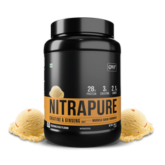 QNT Nitrapure, Blend of Whey Isolate & Concentrate | Enriched with Ashwagandha, Ginseng & Tribulus | Best Whey Protein for Muscle Gain | 28g Protein, 3g Creatine (per scoop)