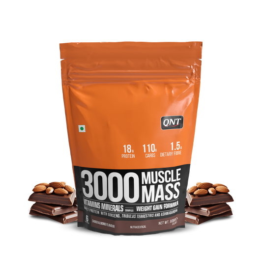 QNT Muscle Mass 3000 | Weight Gainer and Muscle Gainer Supplement (18g Protein, 1.5g Dietary Fibre, 110g Carbs) Per Serve