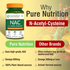 Pure Nutrition NAC (N-Acetyl L-Cysteine) 600mg | Antioxidant Support for Immunity, Lung & Liver Health for Men & Women | 120 Veg Capsules