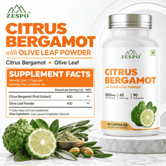 ZESPO® Citrus Bergamot with Olive Leaf Powder | 1200 mg per Serving | 800 mg Bergamot Fruit Extract + 400 mg Olive Leaf Powder | 90 Vegetarian Capsules