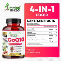 Humming Herbs CoQ10 600mg Cellular Support Supplement with Resveratrol, Bergamot & Vitamin E - Heart Health & Energy Booster - Antioxidan 60 Caps