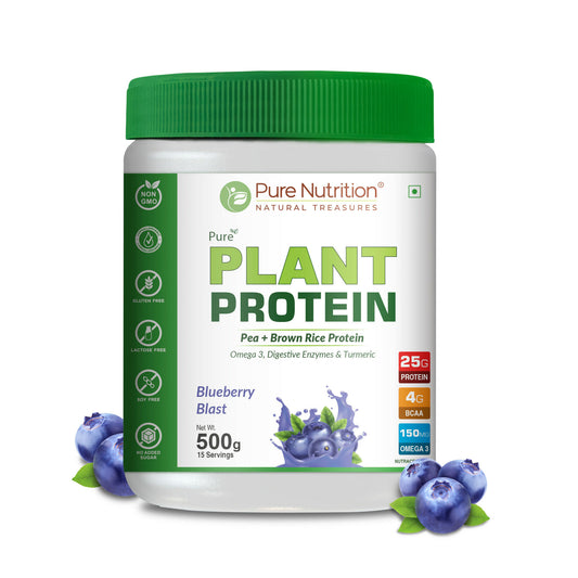 Pure Nutrition Plant Protein Powder for Men,Women - Berry Blast (500g) ,With Pea & Brown Rice Protein with Omega3,Digestive Enzymes & Turmeric|Plant-based