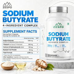 ZESPO® Sodium Butyrate Advance Complex | 1350 mg Combined Formula per Serving | With Tributyrin, Calcium BHB & Baobab | 120 Vegetarian Capsules