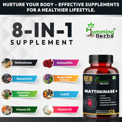 Humming Herbs Nattokinase+ 8-in-1 Formula – Heart Health Support with CoQ10, Resveratrol, Astaxanthin, Grape Seed Extract, Magnesium, Vitamin K2 & D3 – 1006mg | 90 Capsules