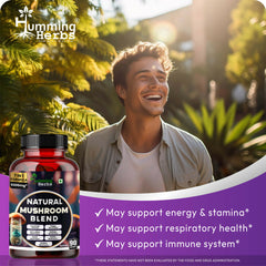 Humming Herbs Natural Mushroom Blend Capsules 7-in-1 with Cordyceps,Lion's Mane,Reishi, Maitake,Chaga,Shiitake & Oyster Mushroom 90 Capsules