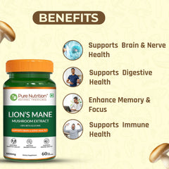 Pure Nutrition Lion s Mane Mushroom Extract 1000mg 60 Veg Capsules | >38% Beta Glucans | Supports Brain & Nerve Health | Memory, Focus, Immune & Digestive Support