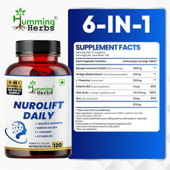 Humming Herbs Nurolift Daily Supplement 6-in-1 with Bacopa,Ginkgo,L-Theanine,Vitamin B12,Folic Acid & Zinc–120 Veg Capsules
