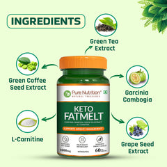 Pure Nutrition Keto FatMelt, 1000mg, with Garcinia Cambogia, Green Tea Extract & L-Carnitine Weight Management Supplement