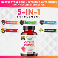 Humming Herbs Citrus Cardia 5 in 1 Formula with Red Yeast Rice, Resveratrol, Olive Leaf, Niacin & Piperine , 90 Capsules