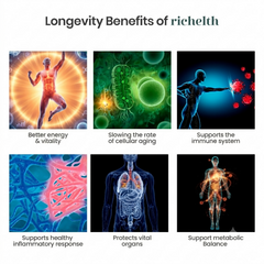Vedistry® Richelth Longevity Tablet | Enriched with Amla, Haldi, DHA, Niacin & MeCbl | Neutralizes Free Radicals & Slows Cellular Aging | Supports Energy, Immunity & Vital Organ Health | 60 Tablets