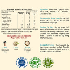 Weoliv Beta Alanine Powder | Supports Endurance & Fatigue Reduction | Unflavoured | 4g Beta Alanine (Per Serve) | 100g
