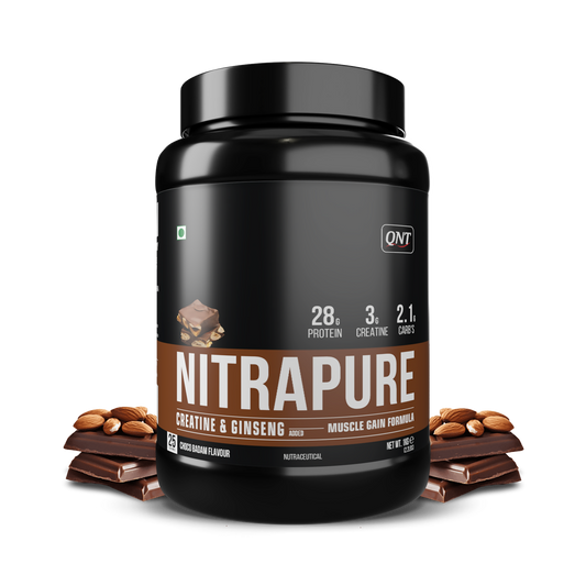 QNT Nitrapure, Blend of Whey Isolate & Concentrate | Enriched with Ashwagandha, Ginseng & Tribulus | Best Whey Protein for Muscle Gain | 28g Protein, 3g Creatine (per scoop)