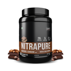 QNT Nitrapure, Blend of Whey Isolate & Concentrate | Enriched with Ashwagandha, Ginseng & Tribulus | Best Whey Protein for Muscle Gain | 28g Protein, 3g Creatine (per scoop)