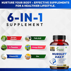 Humming Herbs Nurolift Daily Supplement 6-in-1 with Bacopa,Ginkgo,L-Theanine,Vitamin B12,Folic Acid & Zinc–120 Veg Capsules
