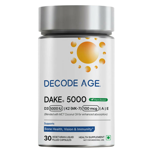 Decode Age DAKE 5000 Vitamin D3 5000 IU with K2 MK-7, Vitamin A & E | Plant-Based Liquid Capsules for Bone Health, Immunity & Vision | 30 Capsules
