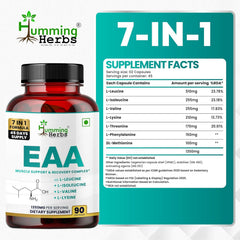Humming Herbs EAA with Leucine, L-Isoleucine, L-Valine, L-Lysine, DL-Methionine, L-Threonine, L-Phenylalanine, 90 Capsules 7-in-1 Formula