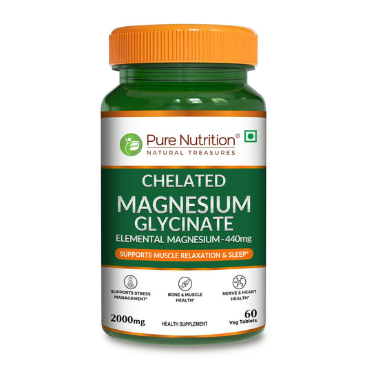 Pure Nutrition Chelated Magnesium Glycinate 2000mg | High Absorption for Sleep, Muscle, Nerve & Bone Health | Elemental Magnesium 440mg | 60 Tablets