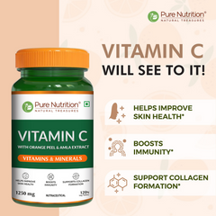 Pure Nutrition Plant-Based Vitamin C (1250mg) - 120 Veg Tablets with Amla & Orange Peel Extract | Boosts Immunity & Skin Glow | Natural Antioxidant for Men & Women | Supports Collagen Formation