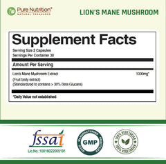 Pure Nutrition Lion s Mane Mushroom Extract 1000mg 60 Veg Capsules | >38% Beta Glucans | Supports Brain & Nerve Health | Memory, Focus, Immune & Digestive Support
