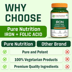 Pure Nutrition Iron Folic Acid Supplement - 60 Veg Tablets with Zinc, Vitamin C & Vitamin B12 for Men & Women | Supports Haemoglobin Production, Boosts Immunity & Maintains Iron Level