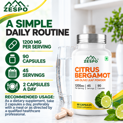 ZESPO® Citrus Bergamot with Olive Leaf Powder | 1200 mg per Serving | 800 mg Bergamot Fruit Extract + 400 mg Olive Leaf Powder | 90 Vegetarian Capsules
