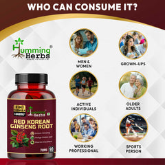 Humming Herbs Red Korean Ginseng with Ginkgo Biloba Leaf, Siberian Ginseng, Supports Energy, Concentration, Immune system and Improves Mental Clarity