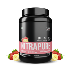 QNT Nitrapure, Blend of Whey Isolate & Concentrate | Enriched with Ashwagandha, Ginseng & Tribulus | Best Whey Protein for Muscle Gain | 28g Protein, 3g Creatine (per scoop)