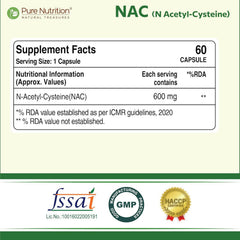 Pure Nutrition NAC (N-Acetyl L-Cysteine) 600mg | Antioxidant Support for Immunity, Lung & Liver Health for Men & Women | 120 Veg Capsules