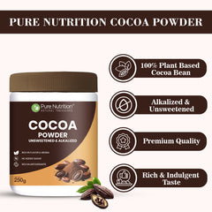 Pure Nutrition Cocoa Powder 250g | Rich Flavor & Aroma | Best for Baking, Beverages & Desserts |100% Plant Based & Alkalized | No Added Sugar
