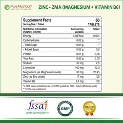 Pure Nutrition Zinc ZMA | With Zinc, Magnesium Aspartate & Vitamin B6 for Muscle Recovery, Deep Sleep & Bone Health | 60 Veg Tablets