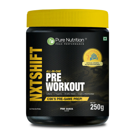NXTSHIFT All-In-One Pre Workout Powder for Energy, Focus, Endurance & Strength Support with Caffeine, L-Theanine, Citrulline Malate, Beta-Alanine & Creatine Monohydrate | Pink Guava Flavour | 250g