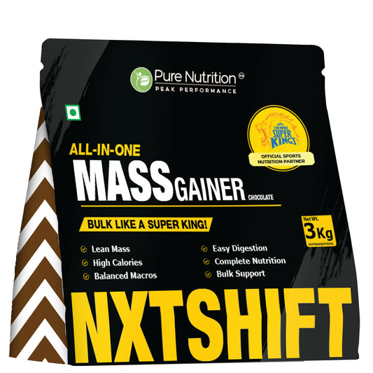 Pure Nutrition NXTSHIF All-In-One Mass Gainer Powder, Chocolate Flavor, 3kg | High Calorie Weight Gainer for Muscle Mass & Strength | Balanced Macros, Easy Digestion, Lean Mass Support | Gym Nutrition Supplement